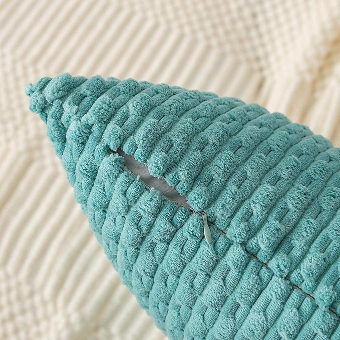 Kevin Textile 12x24 Inch Pillow Cover 1 Pack Boho Decorative Soft Striped Corduroy Lumbar Farmhouse Color Accent Rectangle Cushion Case for Living Room Couch Sofa Bed, Aqua Green