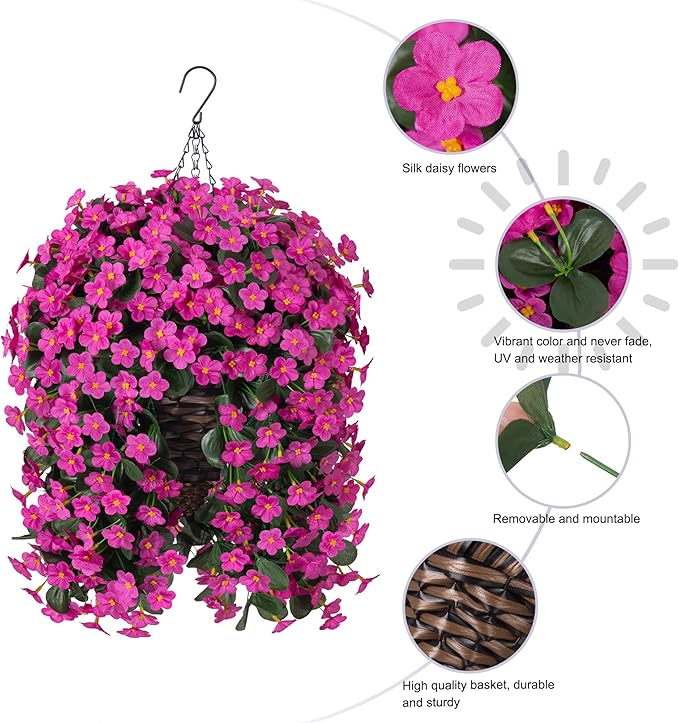 HyeFlora Artificial Fake Hanging Flowers Plants Baskets for Outdoor Spring Decoration, Faux Silk Fuchsia Daisy Mums Trailing Orchid UV Resistant for Home Outside Porch Garden Yard Patio Decor