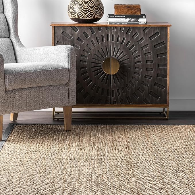 Nuloom Elijah Dark Grey/Natural, 4' x 6', Basketweave, Seagrass, Soft and Textured, High Traffic, Stain Resistant, Easy Clean, Durable Area Rug for Bedroom, Living Room, Dining, Den, Foyer, Entryway