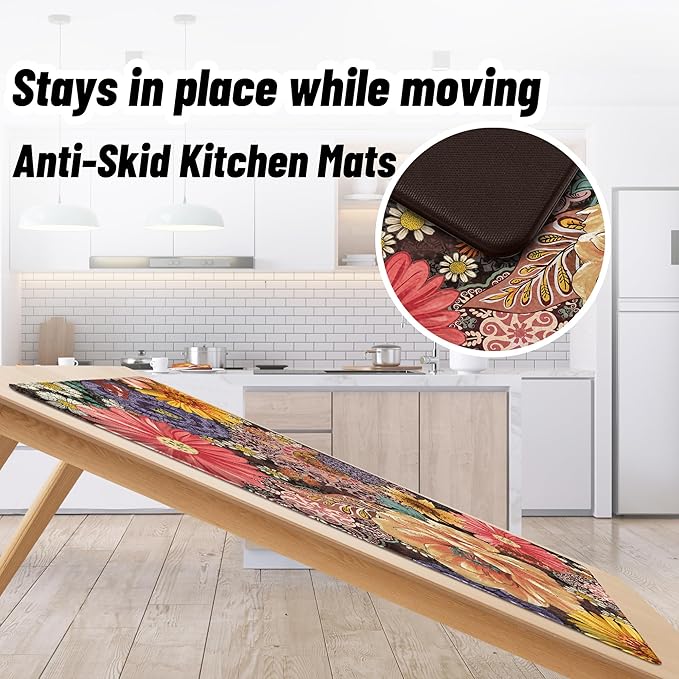 Boho Floral Kitchen Mats for Floor 2PCS Anti Fatigue Mats for Kitchen Floor Cushioned Non Slip Waterproof Memory Foam PVC Kitchen Rugs Set for Sink,Office,Laundry 17.3"x28"+17.3"x47"