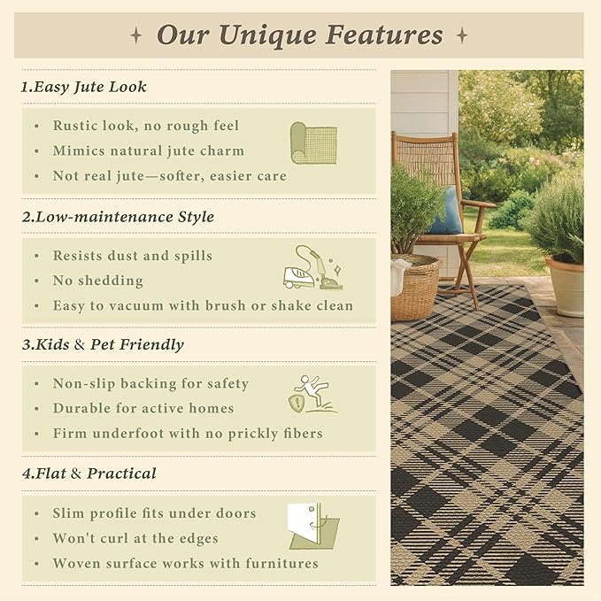 JTJ Vintage Checkered Easy Jute Rugs for Large Living Room 8x10 - Diamond Patterned Woven Rug for Bedroom, Indoor Area, Dining Room, Washable Foldable Low Pile Black and White Classic Decor