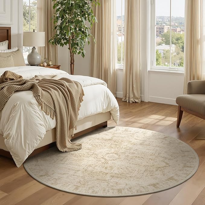 Beige Round Rugs 6ft, Low Pile Thin Circle Area Rugs for Bedroom Living Room Washable Non Slip, Vintage Medallion Distressed Neutral Round Carpet for Kitchen Dining Room