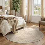 Beige Round Rugs 6ft, Low Pile Thin Circle Area Rugs for Bedroom Living Room Washable Non Slip, Vintage Medallion Distressed Neutral Round Carpet for Kitchen Dining Room