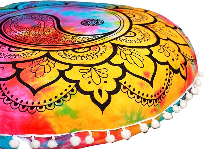 Round Mandala Floor Pillow Cover Seating Cushion Throw Cover Ottoman Pouf Cover Pom Pom Pillow Cases Hippie Decorative Bohemian Boho Indian 22 Inches (Multi Color)