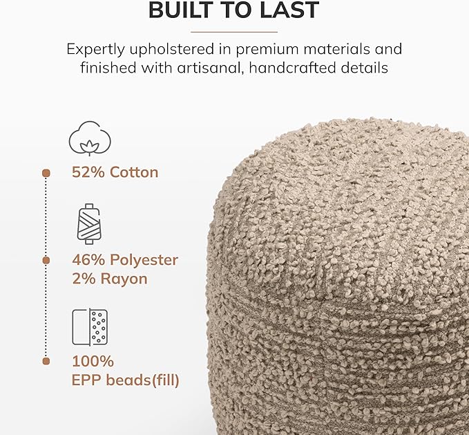 Anji Mountain Pouf Ottoman Foot Rest, Handmade Ottoman Pouf, Comfortable Foot Stool, Decorative Floor Seating for Living Room Decor, Bedroom & Home Décor Accent - Artisan Curl