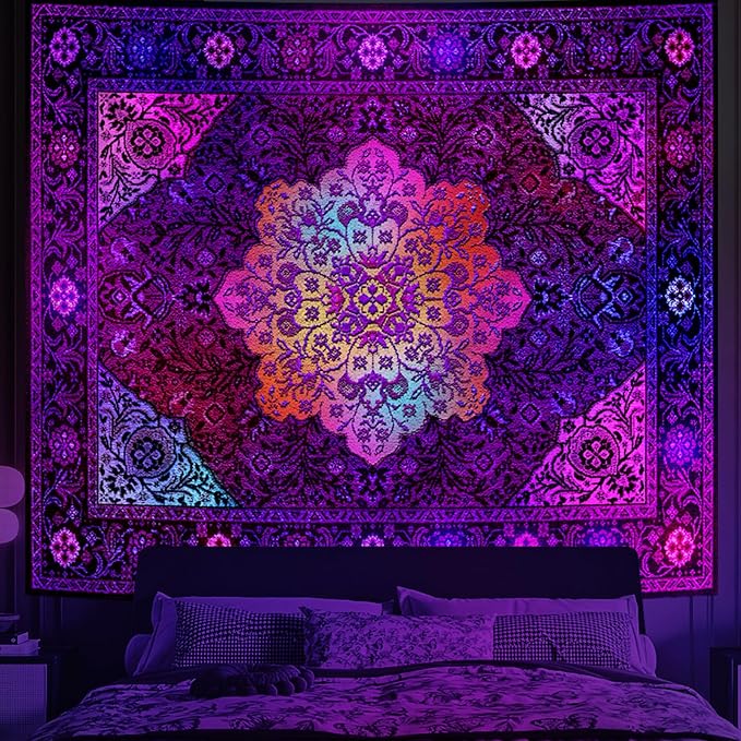 Apdidl Blacklight Boho Mandala Hippie Wall Tapestry for Bedroom, Glow in The Dark Neon Indian Bohemian Floral Tapestries Blanket Art Decor, UV Reactive Purple Wall Hanging for Living Room Dorm 51" X 60"