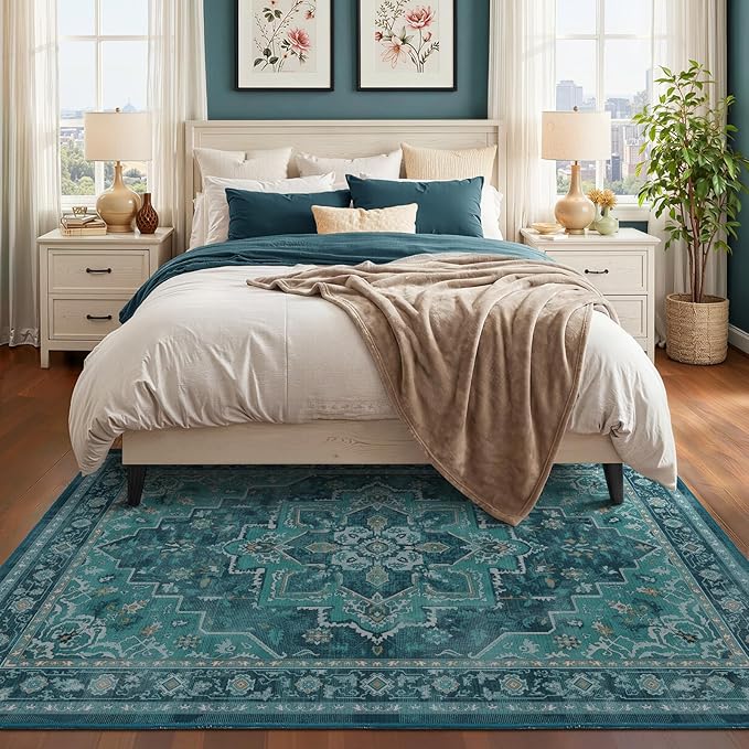 Classic Teal 5x8 Area Rugs for Living Room, Vintage Medallion Dining Room Rug Washable Non Slip, Boho Unique Low Pile Thin Carpet Rugs for Den/Bedroom/Foyer/Home Office