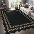 Scalloped Modern Easy Jute Carpet, 5x7 Outdoor Patio Washable Area Rug, Indoor Black Kitchen Rugs Farmhouse Neutral Non Slip Rug for Living Room Patio Entryway