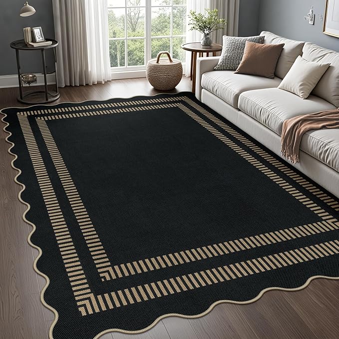 Scalloped Modern Easy Jute Carpet, 5x7 Outdoor Patio Washable Area Rug, Indoor Black Kitchen Rugs Farmhouse Neutral Non Slip Rug for Living Room Patio Entryway