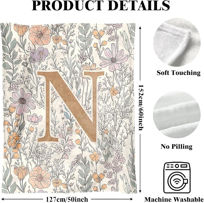 JXREQ Throw Blanket Initial Letter N Personalized Monogrammed Gifts for Women Teen Girls Frends, Boho Floral Throw Blankets for Bed Sofa Living Room Office, 50x60 Inch