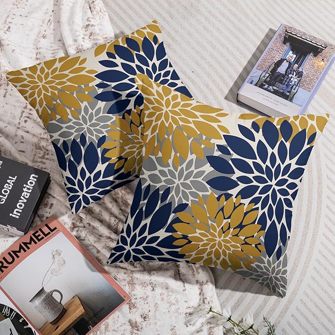 Navy Yellow Gray Grey Pillow Covers 24X24 Inch Set of 2, Modern Dahlia Floral Print Decorative Throw Pillow Covers Outdoor Farmhouse Cushion Case for Home Couch Sofa Bed Decoration