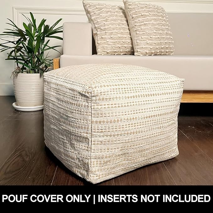 Chardin home Unstuffed Ottoman, Cozy & Bohemian Pouf Covers, Hand Crafted Casual Seating, Footrest, Square Floor Pillow for Home, Office, Bedroom, Living Room, 16.5" x 16.5"x 12.9", Beige-Off White