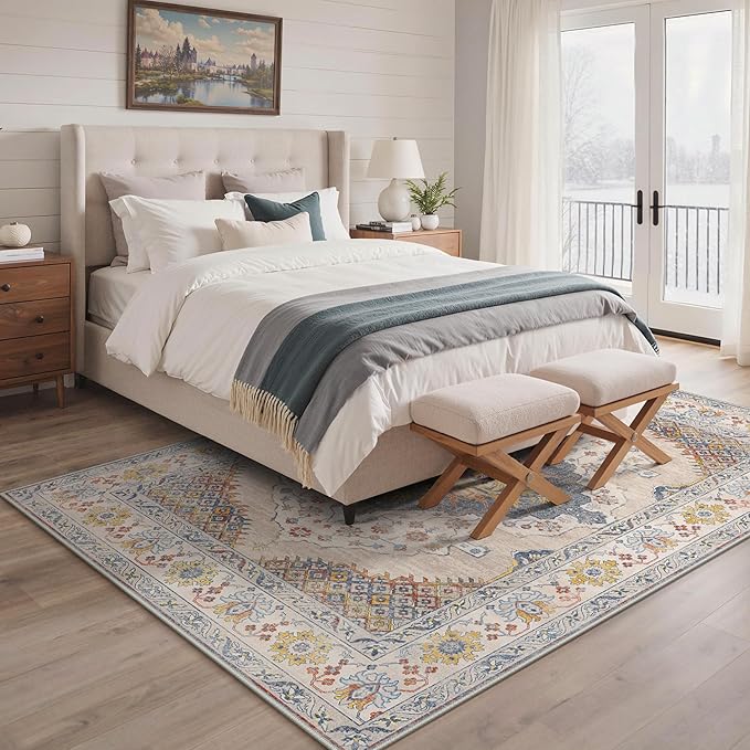 GENIMO 5x7 Area Rugs for Living Room, Machine Washable Non Slip Rugs, Low Pile Lightweight Print Rug for Bedroom, Dining Room, Home Office, Vintage Cream/Blue