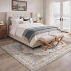 GENIMO 5x7 Area Rugs for Living Room, Machine Washable Non Slip Rugs, Low Pile Lightweight Print Rug for Bedroom, Dining Room, Home Office, Vintage Cream/Blue