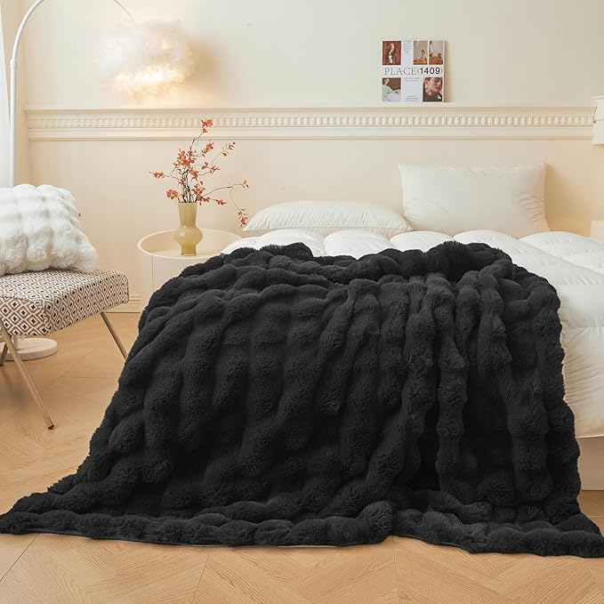 LIFEREVO Luxury Fluffy Faux Rabbit Fur Throw, Plush Fuzzy Bubble Blanket for Couch Sofa, Soft Cute Furry Bed Blanket Home Decoration, Shaggy Lap Throw for Bedroom Living Room Office, 50x60, Black
