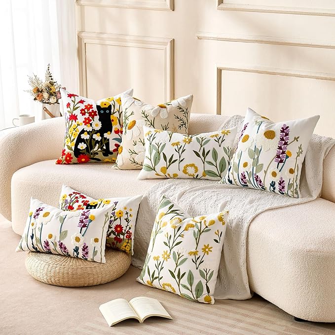 Embroidered Floral Throw Pillow Covers Flowers Decorative Couch Pillow Covers Farmhouse Green Floral Tufted Pillow Covers 18x18 Square Cushion Cases Set of 2 for Living Room Couch Sofa Bed Home Decor