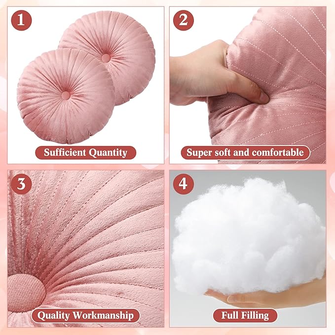 Namalu 2 Pcs Round Throw Pillow 13.8 Inch Decorative Round Velvet Floor Pillows Pumpkin Throw Pillows with Center Button for Thanksgiving Home Decor Living Room Sofa Couch Bed Chair (Pink)