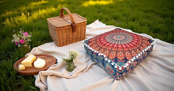 CRAFT KALA Large Hippie Mandala Meditation Floor Ottoman Pillow Cushion Pouf Cover Square Poufs Bohemian Circle Floor Cushion Case Outdoor Fireplace Yoga Living Room Decor Cover Orange, 24" Square