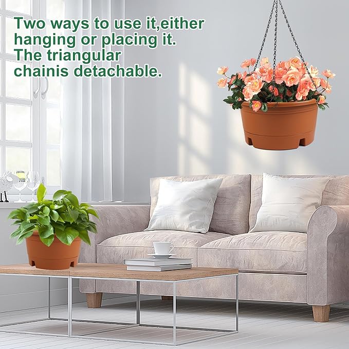 12 Inch Large Hanging Planters for Ootdoor Plants, 4 Pack Plastic Hanging Basket Pots with Drainage Trays & Chain, Hanging Pots for Plants Indoor Outdoor Garden Balcony Decoration (Terracotta)