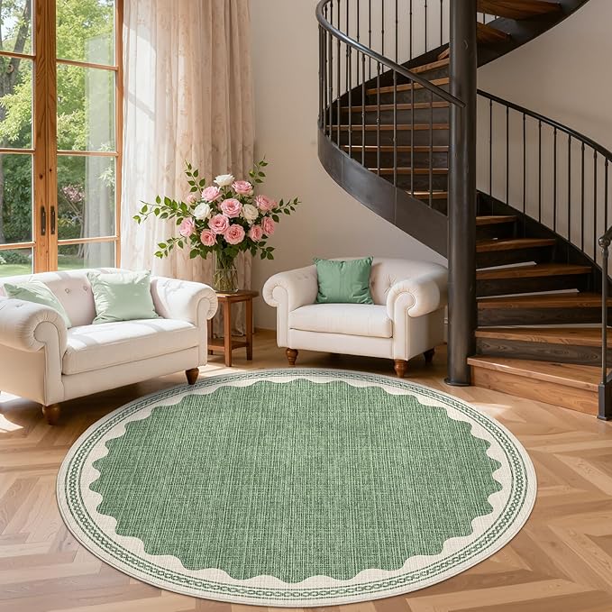 Scalloped Sage Green 6ft Round Rug Washable Non-Slip Soft Ultra-Thin Small Circle Modern Cottage Core Solid Carpet for Entryway Kitchen Bedroom Nursery Dining Room