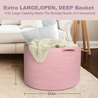 115L Oversized Pink Basket, 23.6"x15.7" Woven Cotton Rope Bin with Handles, XXXL Blanket Storage for Living Room, Kids Toy Storage Bin Box, Baby Laundry Basket for Organizing, Pink Room Decor