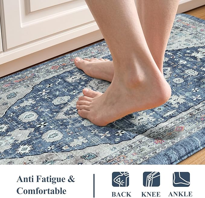 Collive Cushioned Anti-Fatigue Mats, Boho Non-Slip Waterproof Kitchen Floor Mat, Comfortable Standing Carpet for Sink, Laundry, Office, Work, 17.3''x30'' Dark Blue