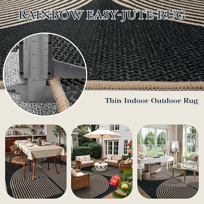 Lahome Enfys Rainbow Easy Jute Outdoor Carpet, Washable Rugs 9x12 for Living Room Patio Large Farmhouse Indoor Outdoor Carpet, Contemporary Black Dining Room Rugs for Under Table Office Backyard