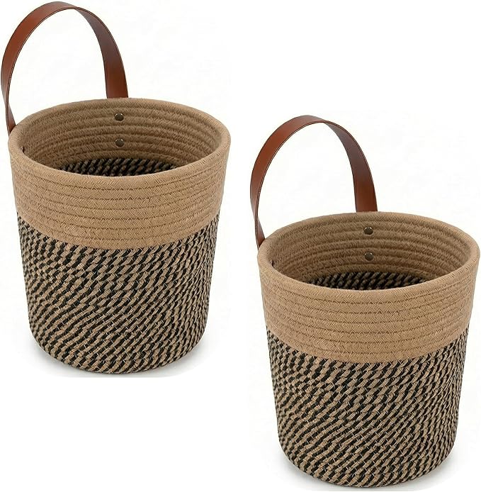 2-Pack Natural Jute Hanging Baskets 7 * 8inches, Round Woven Wall Decor & Storage Planter for Plant Decor and Home Organization,Walls Basket for Bedroom, Living Room, Bathroom,Boho Decor- Black Jute