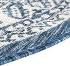 Rugs.com Outdoor Aztec Collection Rug – 4 Ft Round Blue Flatweave Rug Perfect for Kitchens, Dining Rooms