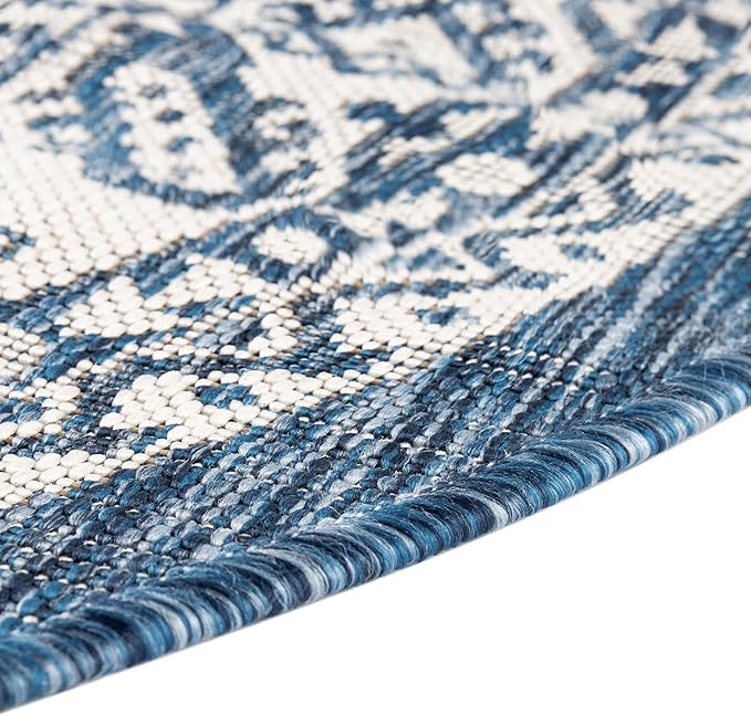 Rugs.com Outdoor Aztec Collection Rug – 10 Ft Round Blue Flatweave Rug Perfect for Kitchens, Dining Rooms
