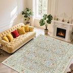 Extra Large 10x14 Area Rug for Living Room, Washable Rugs for Dining Room, Bedroom, Non Slip Stain Resistant Carpet, Low Pile Vintage Floral Rug (Beige Blue)