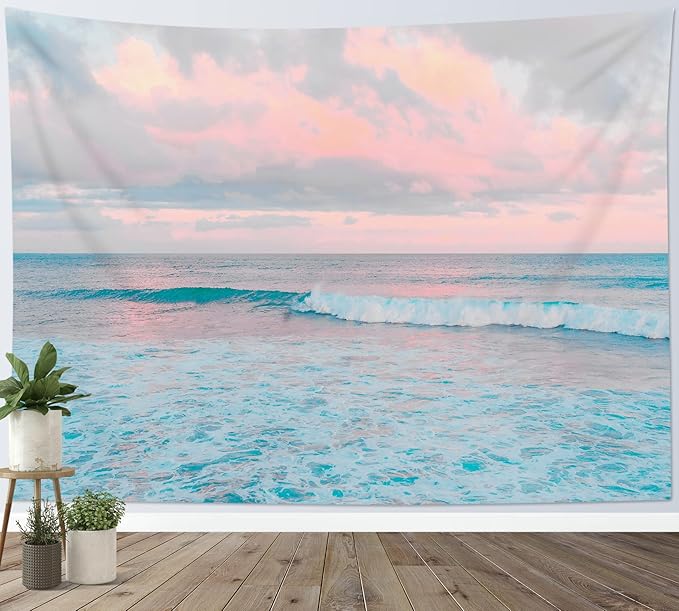 LB Ocean Pink Sky Tapestry, Teal Sea Ocean with Pink Cloud Wall Tapestry for Bedroom, Pastel Nature Landscape Wall Art for Living Room Home Decor, 92.5 x 70.9 Inches