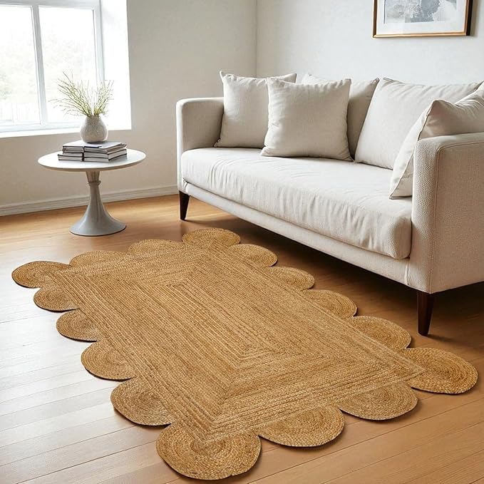 MDS 1 PC Handwoven Braided Jute Area Rug 4ft x 6ft Rectangle Scalloped Edge, 100% Natural Jute Rustic Farmhouse Reversible Accent Rug for Bedroom Living Room Hallway Entryway Office Kitchen (4' x 6')