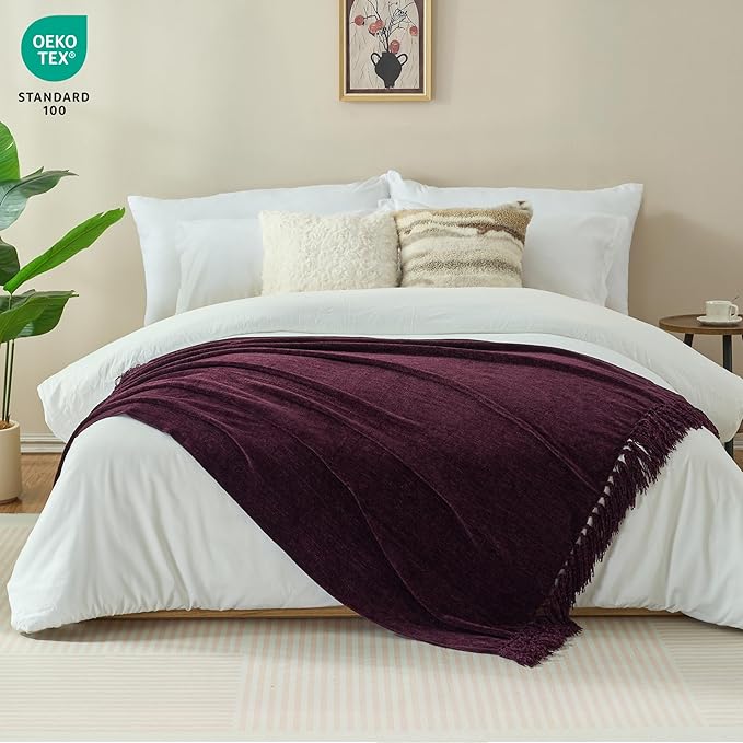 Chenille Throw Blanket for Couch with Tassels,50"X60" Soft Cozy Lightweight Knitted Boho Decorative Blankets for Bed and Sofa,Aubergine