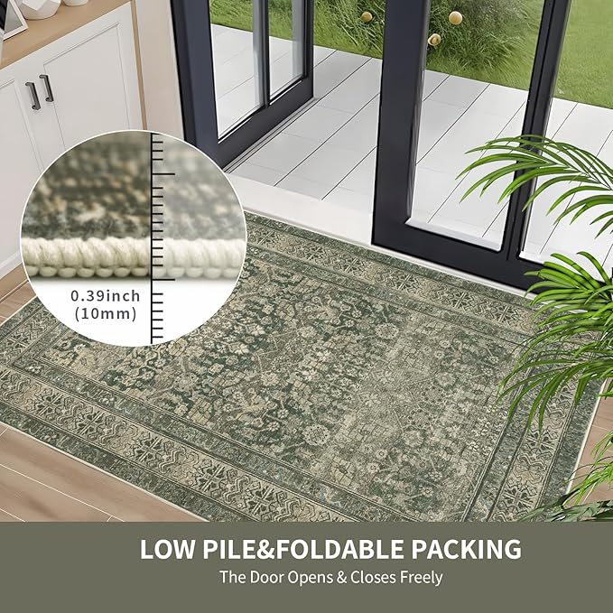 Vintage Washable Area Rug for Living Room,Low Pile 6x9 Non Slip Carpet Non-Shedding Area Rug Soft Indoor Stain Resistant Rug Floral Print Mat for Bedroom Dining Room Green