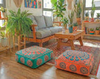 Mandala Life ART Turquoise Velvet Pouf Cover - Soft Sqare Floor Pillow - Embroidered Ottoman Slipcovern, 24x24x8 Inches, Ideal for Living Room, Bedroom, or Meditation Space - Cushion
