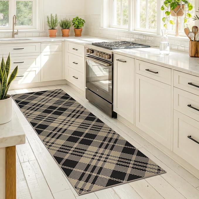 JTJ Geometric Outdoor Runner 2x6 - Easy Jute Woven Throw Rug for Kitchen, Balcony, Mudroom, Hallway Runner Non Slip Washable, Low Pile Vintage Black and White Checkered Aesthetic Decor