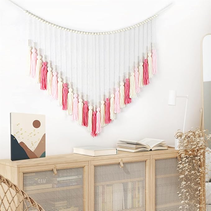 EOBTAIN Large Macrame Wall Hanging,Boho Blush Pink Tassel with Wood Beads Wall Decor for Nursery Bedroom Handmade Bohemian Tapestry for Living Room Dorm Home Decoration,Gifts for Girls Woman 30x36 Inch