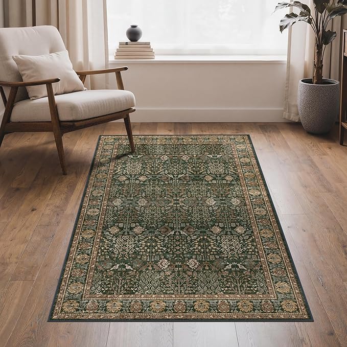 Bavni Washable Rugs 3x5-Machine Washable Rug Lightweight Low Pile, Vintage Floral Rug Non-Shedding Distressed Throw Carpet for Living Room Bedroom Office, Dark Green/Multi