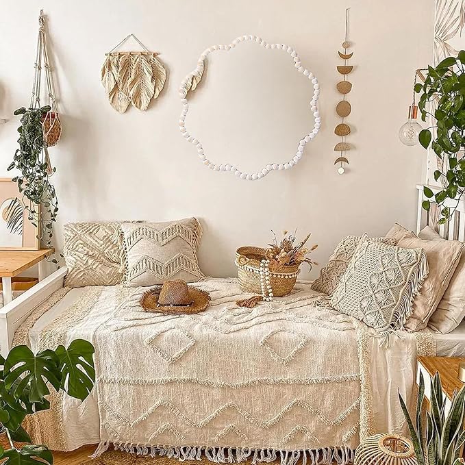 SWTHONY 15inch Small Boho Beaded Flower Mirror for Wall Decor, Cute Decorative Hanging Wooden Circle Nursery Mirrors for Girl Room, Bedroom, Livingroom
