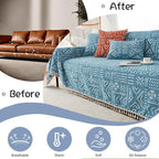 VClife Boho Couch Cover for 3 Cushion Couch Sofa Durable Soft Chenille Sofa Slipcover for Sectional Sofa, 1 PC Multi-Functional Sofa Covers Protector, Blue and White Furniture Protector 71" x 134"