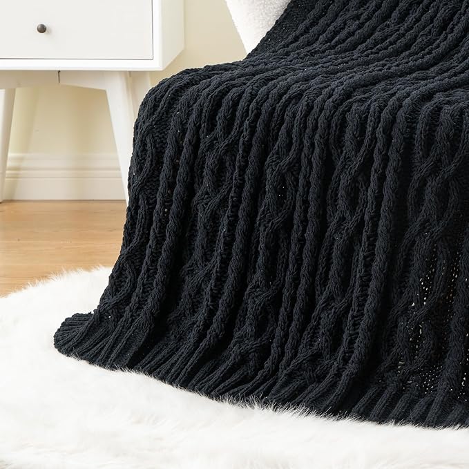 Battilo Black Throw Blanket for Couch, Cable Knit Blanket for Bed,Chair, Home Decor, Soft Cozy Woven Chenille Throw Blanket, Decorative Boho Throw Blanket, 51"x67"