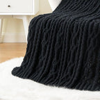 Battilo Black Throw Blanket for Couch, Cable Knit Blanket for Bed,Chair, Home Decor, Soft Cozy Woven Chenille Throw Blanket, Decorative Boho Throw Blanket, 51"x67"