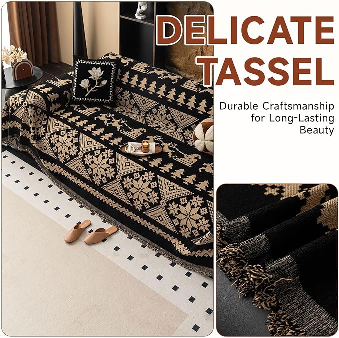 VClife Boho Couch Cover for Sofa, Anti Slip Chenille Sofa Cover for Sectional Sofa - 1 Piece Black Khaki Geometry Jacquard Sofa Slipcover, Pet-Friendly Couch Cushion Cover with Tassel 71"x 134"