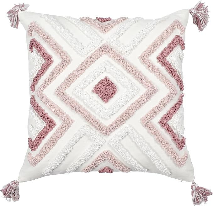 Boho Pillow Covers 18X18 Inch Boho Tufted Throw Pillow Covers Decorative Tassels Cushion Cover Farmhouse Pillow Case for Couch Sofa Bed Living Room Bedroom, Blush