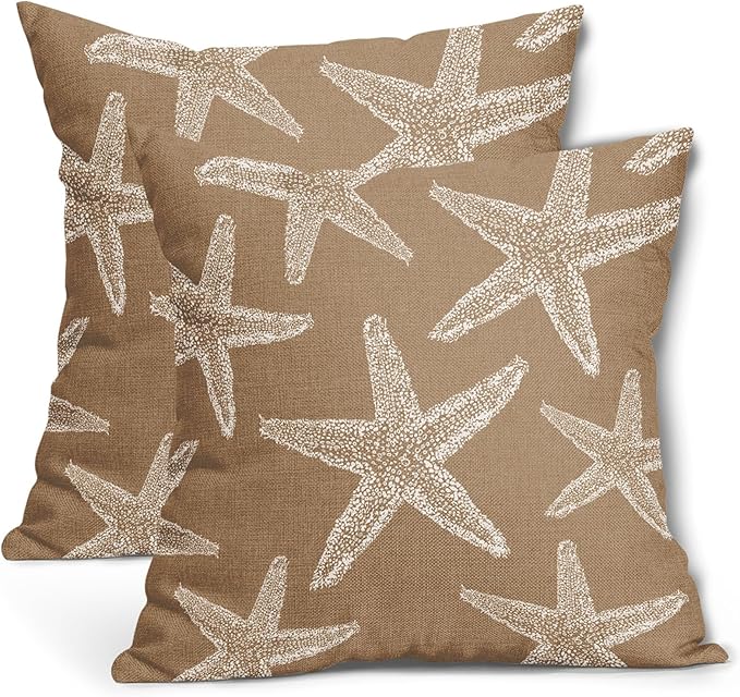 Kawani Tan Brown Starfish Ocean Pillow Covers 18X18 Inch Summer Nautical Coastal Beach Decorative Pillow Cases Set of 2 Cotton Linen Throw Pillows Seasonal Home Decor for Sofa Couch Cushion Outdoor