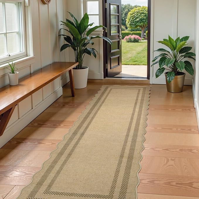 LIVEBOX Scalloped Washable 2x8 Kitchen Runner Rug, Easy Jute Geometric Tan Rugs for Hallway Runner Entryway, Indoor Outdoor Non Slip Rug Farmhouse Modern Carpet Door Mat for Porch Laundry Room