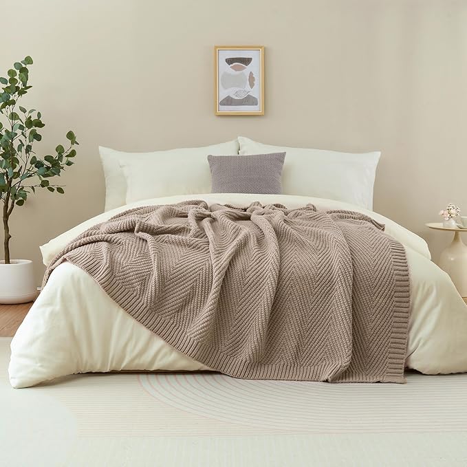 Knitted Throw Blanket 60"X80", Taupe Knit Throws for Bed, Super Soft Boho Chevron Blankets for Couch Sofa Chair Room Decor, Textured Decorative Farmhouse Cozy Lightweight