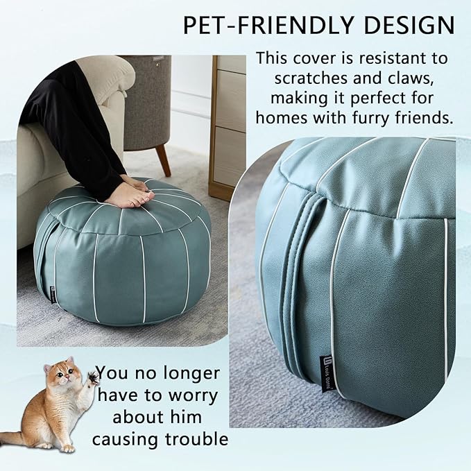 Louis Donné 21 Inch UNSTUFFED Moroccan Pouf Ottoman Cover, Handmade Faux Leather Foot Stool, Round Storage Poof Cover, Exotic Décor for Living Room Bedroom or Wedding Gifts ONLY Cover(Blue)