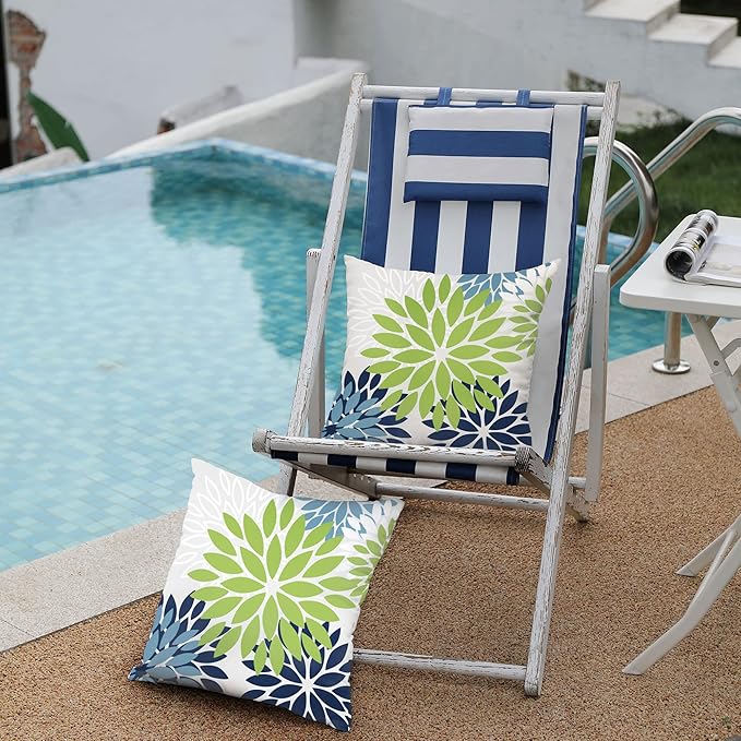DFXSZ Green Blue Flower Pillow Covers 20x20 Inch Set of 2 White Gray Colored Throw Pillows Outdoor Waterproof Decor for Living Room Sofa Patio Funiture Garden Floral Polyester Pillow Covers 002K20
